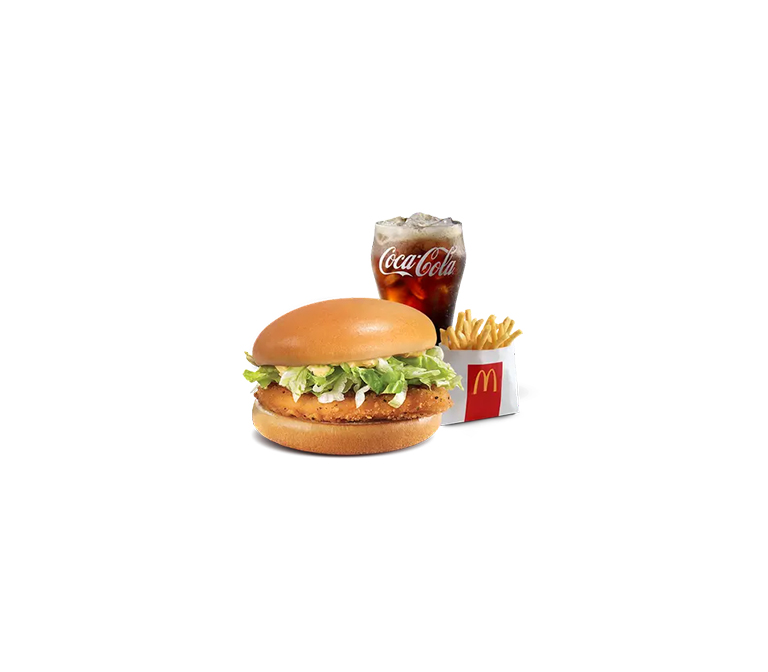 Spicy chicken burger with fries and cold drink